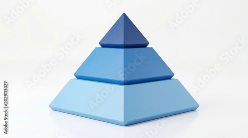 A stacked three level blue pyramid shape showing hierarchical business structure concept on white background
