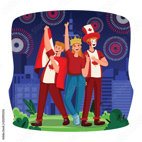Photography canada day celebration with people waving flag and fireworks vector illustration