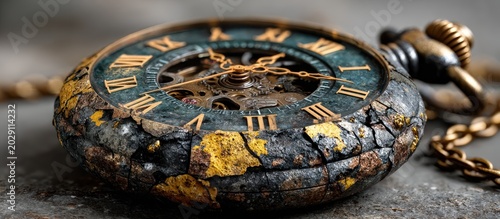 An aged, weathered pocket watch with Roman numerals on a textured surface