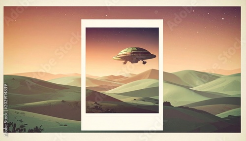 UFO flying over green hills.