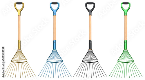 Foto Set of garden rakes with wooden handles and colorful metal tines isolated on whi