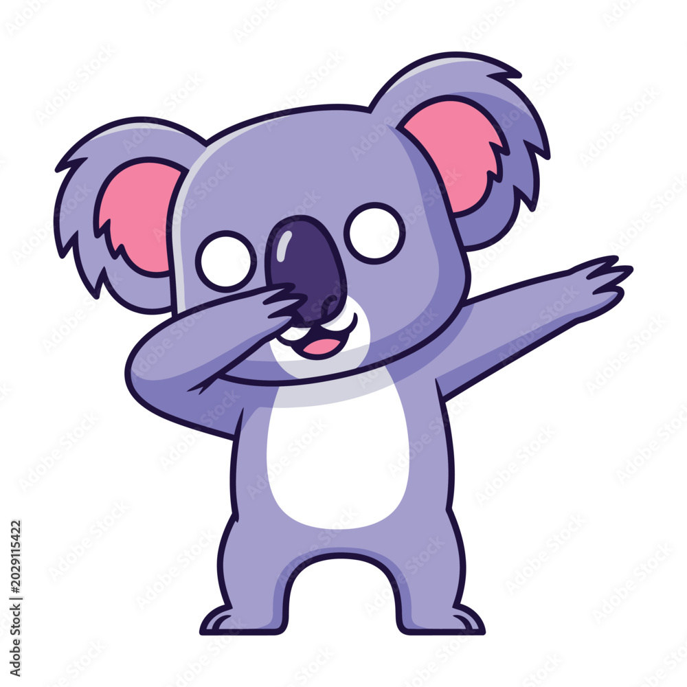 Naklejka premium Cute Purple Koala Character Dabbing in a Fun Playful Pose Isolated on a Clean White Background
