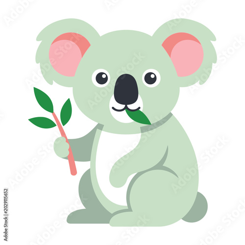 Canvas Print Cute green koala holding eucalyptus leaf