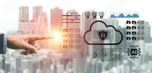 Fotografi Futuristic representation of data security with cloud technology and digital connectivity showcased in an urban setting, ideal for business and tech projects