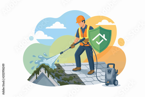 Professional Roofer Service and Home Insurance Maintenance Vector