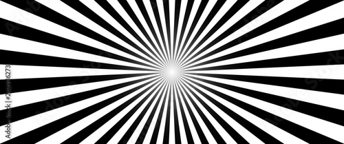 Abstract sunburst black and white radial sunrays background perfect for modern designs, banner, advertisement and presentations. Sunbeam flat style backdrop. Vector illustration.