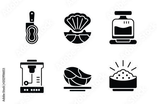 Tableau sur toile Seafood and cooking related icons set with clam pearl fish scaler bowl of food