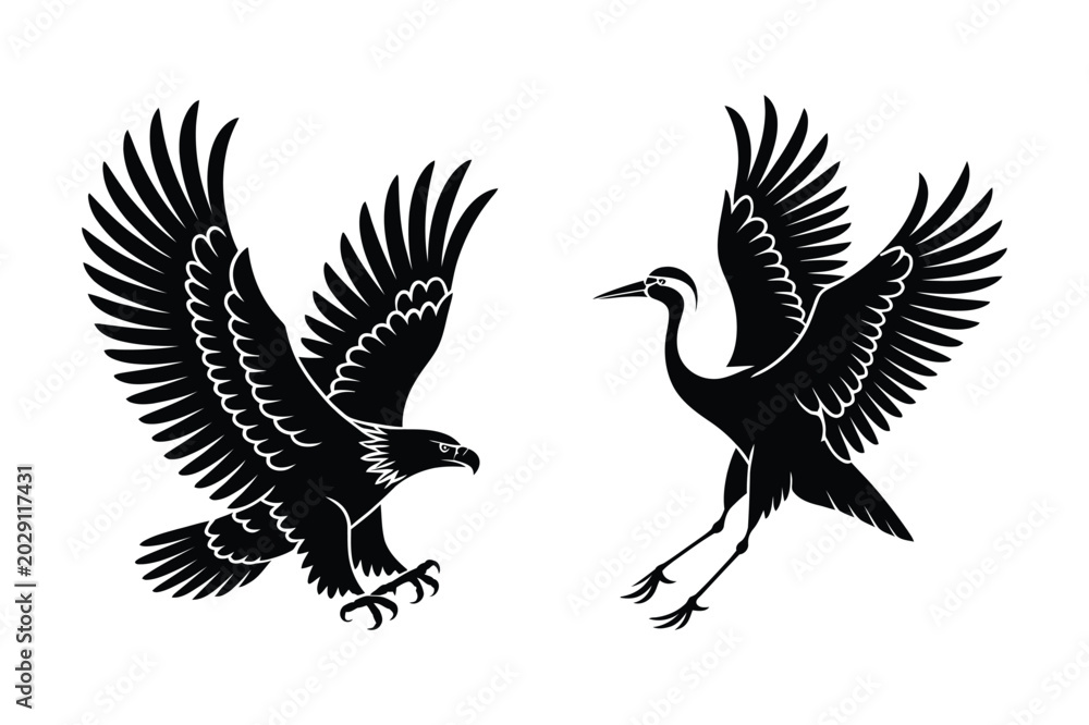 Fototapeta premium Soaring eagle and elegant crane birds flying vector silhouettes with wildlife