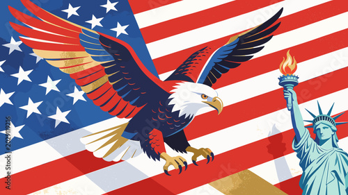 Obraz na plátně An eagle soars majestically in front of the American flag, with the Statue of Liberty holding her torch aloft, symbolizing freedom and patriotism