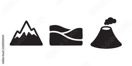 Quadro su tela Black Silhouette Set of Mountain Landscape, Volcano and Hills