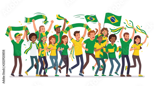 Flat 2D vector illustration of a diverse crowd of Brazilian sports fans cheering with national flags, green and yellow scarves, and jerseys during a football match celebration.