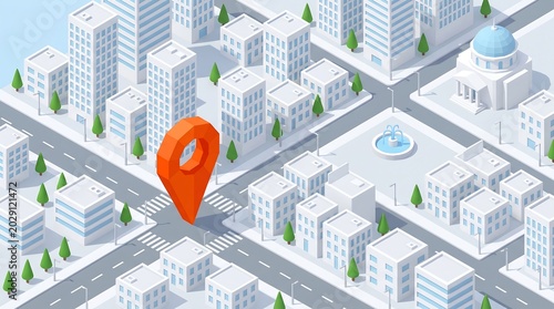 Isometric city map with orange location pin marker indicating specific point on street grid showing urban navigation and geo targeting concept for digital mapping and travel applications