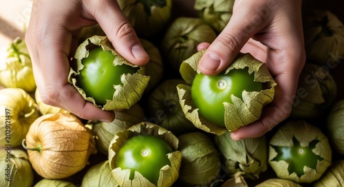 Fresh Green Tomatillos Being Handled in a Close-Up View.