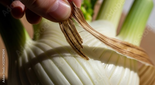 Close-up of a Hand Peeling the Outer Layers of a Fresh Fennel Bulb.