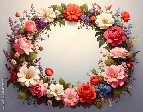 A vibrant, floral wreath, arranged in a circular design. Various blooms in shades of pink, red, white, and purple. Green foliage surrounds them