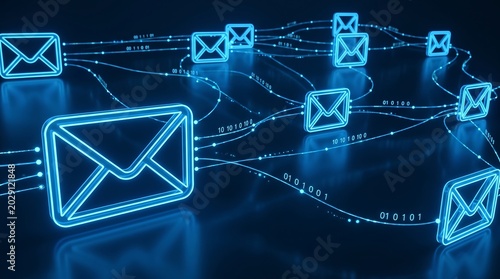 Glowing blue digital email icons connected by network lines and binary code data streams representing global internet communication and electronic mail flow in cyberspace environment
