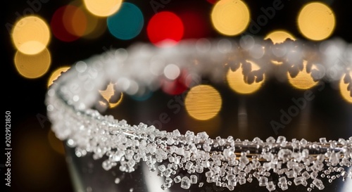 Close-up of a Sugared Rim Margarita Glass with Bokeh Lights.