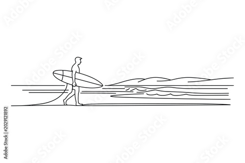 Surfer walking along the coastline with surfboard vacation lifestyle