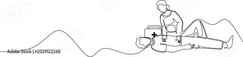 Tablou pe pânză One line continuous vector drawing of a woman giving emergency CPR compression to a person on the ground