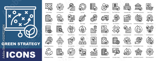 Green Strategy icon pack collection set for business management. With Shipping Green Strategy, Eco Management, Sustainability, Leaf Gear, Eco Policy, Green Office, Green KPI, Eco Checklist.