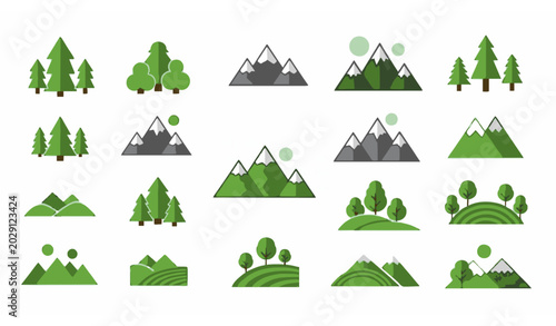 Foto Nature icon set mountains trees and hills flat vector illustration