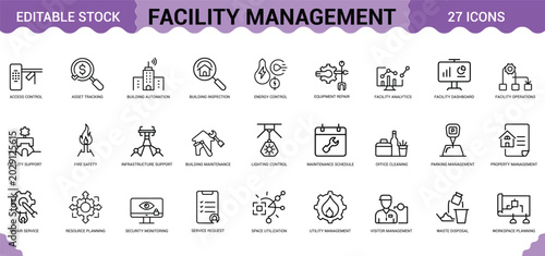 Facility management icon set for building maintenance operations and commercial space planning.