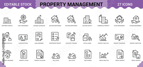 Schilderij op canvas Property management icon set for real estate housing rental contracts and apartment leasing help