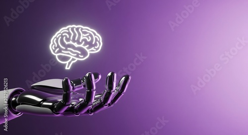 Robotic hand holding a glowing digital brain icon representing artificial intelligence and machine learning technology on a purple background.