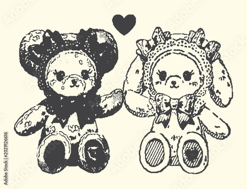Foto Cute teddy bear and bunny couple with heart icon illustration monochrome charact