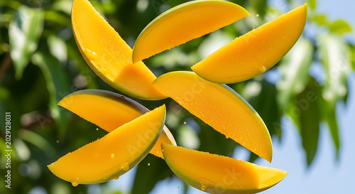 Vibrant orange flower petals on green leafy tree branch