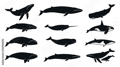 Black and white whale and dolphin vector illustrations collection isolated on white background, Vector