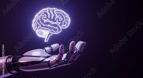 A robotic hand holding a glowing neon brain symbol on a dark background representing artificial intelligence and cognitive computing.