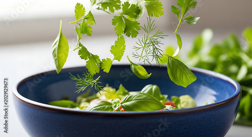 Fresh green herbs falling into blue bowl