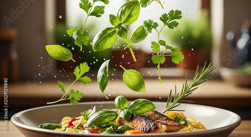 Fresh herbs falling on a plate of food in a kitchen
