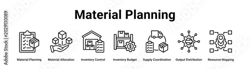 Material Planning web banner icon vector illustration concept for industry with icon of Material Planning, Material Allocation, Inventory Control, Inventory Budget, Supply Coordination, Output.