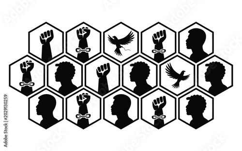 Schilderij op canvas Juneteenth celebration symbols in hexagonal pattern black silhouettes of people