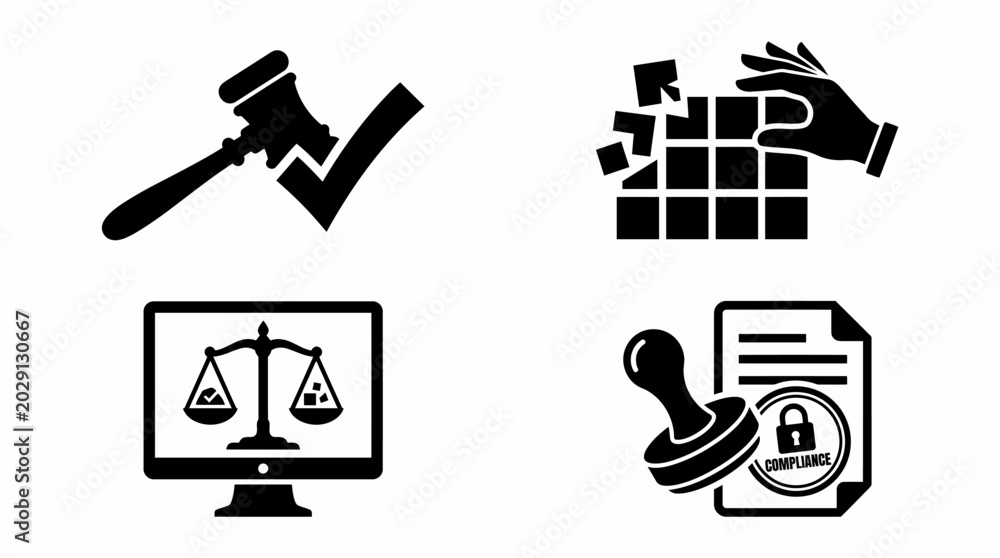 Fototapeta premium vector icons depicting concepts of law, compliance, and business. The icons include a gavel with a checkmark, a hand arranging puzzle pieces, a computer monitor with scale and document with stamp