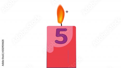 Birthday candle with the number five. Anniversary calendar date animation, alpha channel. Cartoon