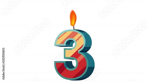 Birthday candle with the number three. Anniversary date animation, alpha channel. Cartoon