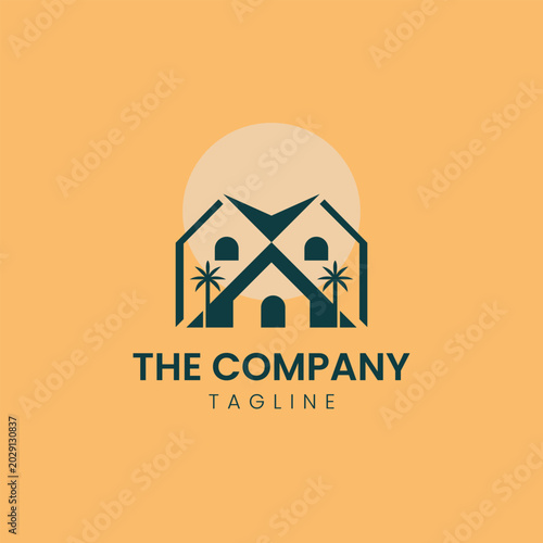 Real estate villa logo with tropical palm trees and sunset