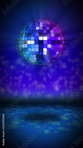 Vertical 3D render of a rotating disco ball seamless loop. Glowing mirror sphere with colorful light rays and bokeh background, perfect for social media, mobile backgrounds, and events.