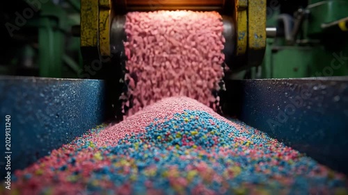 Colorful plastic granules production. Concept of plastic processing, recycling, polymer industry