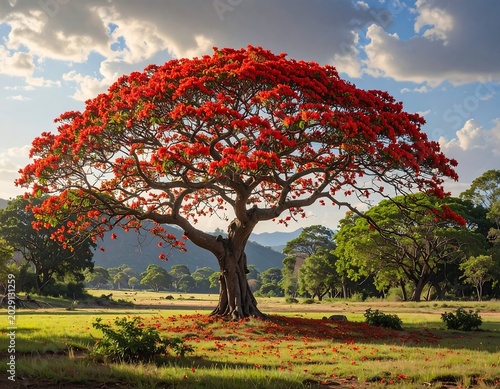 A vibrant, flowering tree with lush, crimson blooms dominates a grassy landscape under a partly cloudy sky. Mountains are in the background