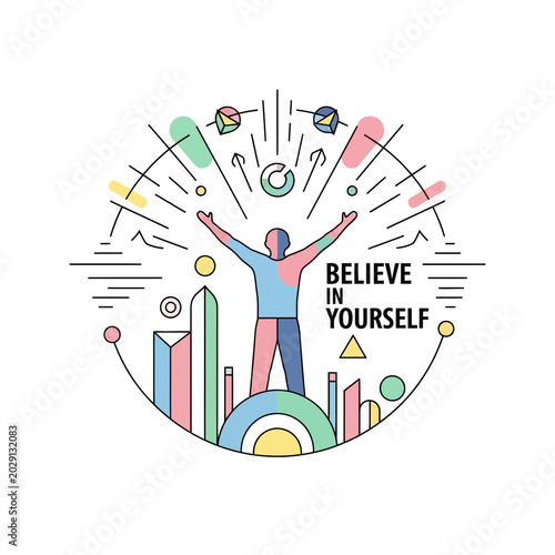 Tableau sur toile Man with arms raised, abstract geometric shapes, believe in yourself