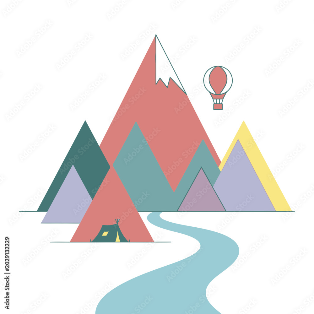 Obraz premium Minimalist Mountain Landscape with Hot Air Balloon and Tent
