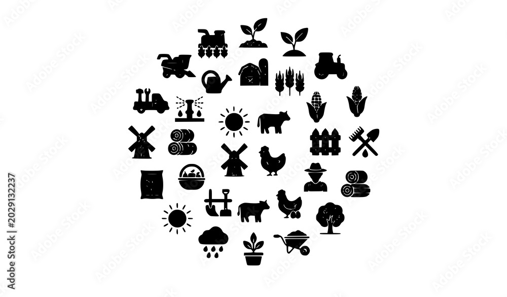 Obraz premium Farm and Nature Silhouette Vector Set Featuring Animals, Plants, Trees, Sun, Windmill, and Agricultural Icons for Playful and Minimalist Illustrations