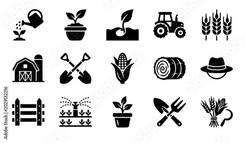 Bild auf Leinwand Agriculture and Gardening Silhouette Vector Set Featuring Plants, Seedlings, Tra