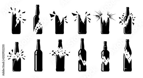 Bild auf Leinwand Broken Glass Bottle Icon Set with Shattered Beverage Container Symbols for Dange