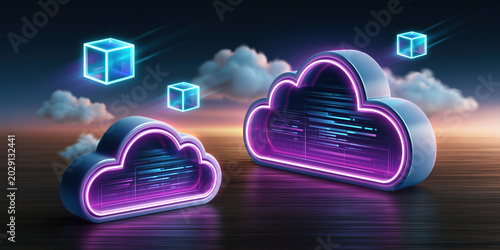 Cloud neon cloud storage icons glow over reflective surface at sunset futuristic data transfer emotion serene