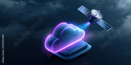 Cloud holographic storage glowing above platform with satellite link transmitting data in stormy sky